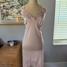 Vintage 70s Pink Lace Slip Dress Coquette Bow Lingerie Nightgown XL 44 USA Made