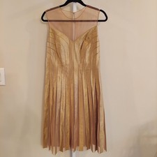 Adrianna Papell Dress 14 Gold Metallic Mesh Neckline Pleated Holiday New Years