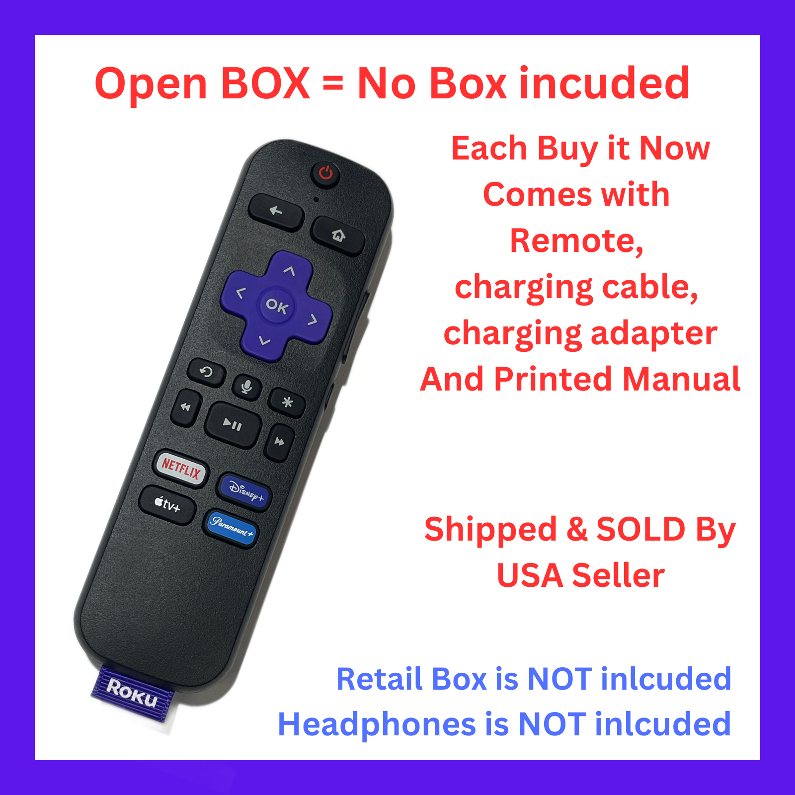 Roku Voice Remote Netflix Disney+ Apple TV+ Paramount + RC-FA1 ...