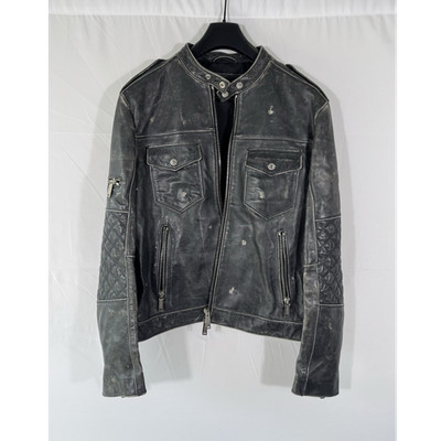 DSQUARED2 Black Distressed Quilted Biker Jacket for Men Size 52 Zipper Accents