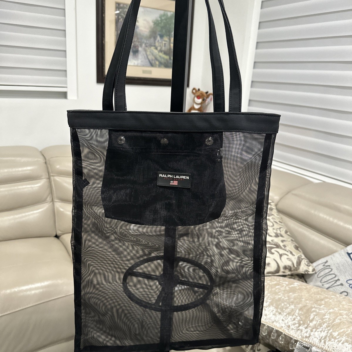 Ralph Lauren Polo Sport 14x18” Black Mesh Tote Bag Zip Pouch