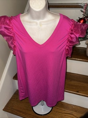 BIBI boutique Fuchsia Hot Pink Ruffle Sleeve Anthropologie XL BID 4 CHARITY 358