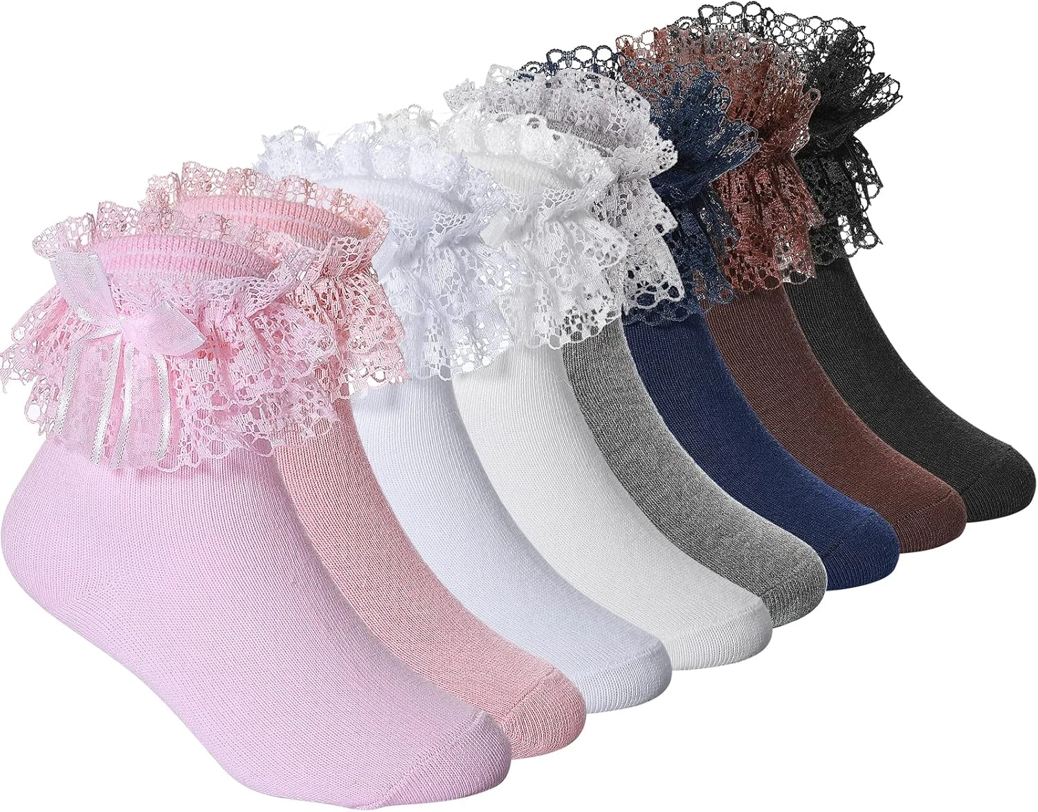 Girls Ruffle Lace Socks 8 Pairs Cute Frilly Bow Toddler Ankle Socks 4–6 Years