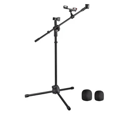 Microphone Boom Arm Stand w/ Dual Mic Clips Adjustable Tripod Phone Mount Holder