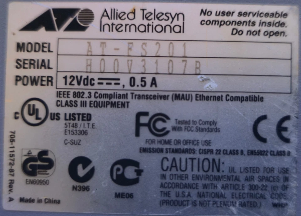 Vintage Fast Ethernet Switch Allied Telesyn AT-FS201 100Base-FX 12V 0.5A - Image 3 of 3