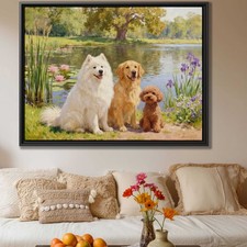 Oil Painting Dog Samoyed Canvas Print Golden Retriever Wall Decor Rustic Artwork