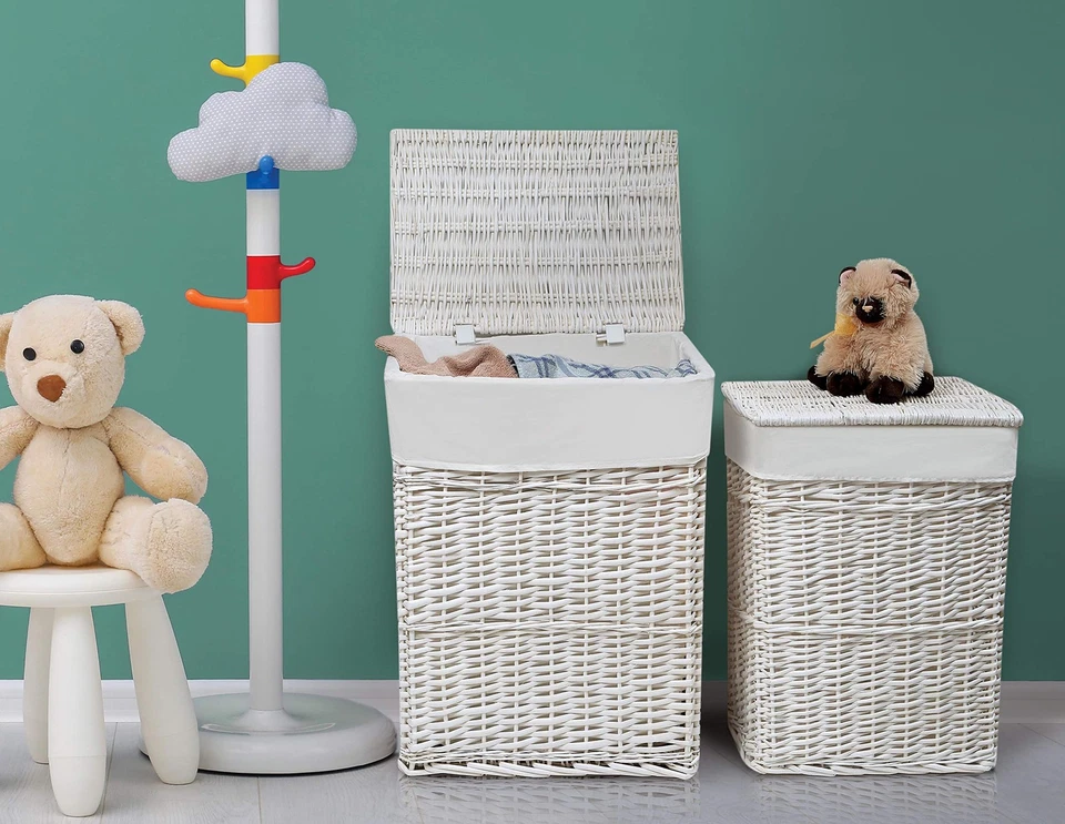 Wicker Nursery Laundry Hampers with Liners and Lid - Set of 2 - White/White - Image 2 of 4