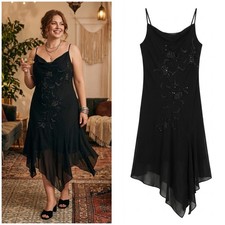 VTG Y2K 90s Eva Blue Midi Black Rayon Floral Beaded Dark Fairy Goth Dress 12 L