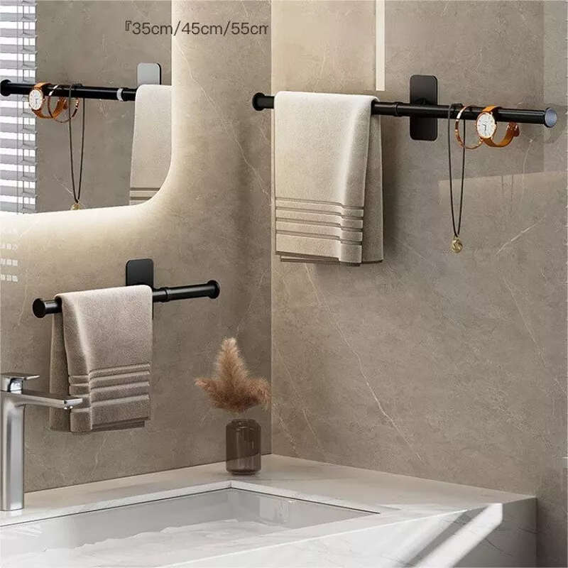 1pc No Drill Bathroom Shelf With Hooks & Towel Bar, Wall Mounted