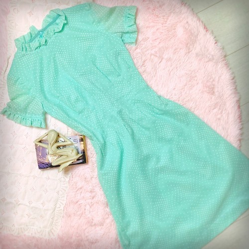 Vintage Mint Robins Egg Blue 60s Ruffle Flocked Polka Dot Dress Bust: 36” Med - Picture 1 of 8