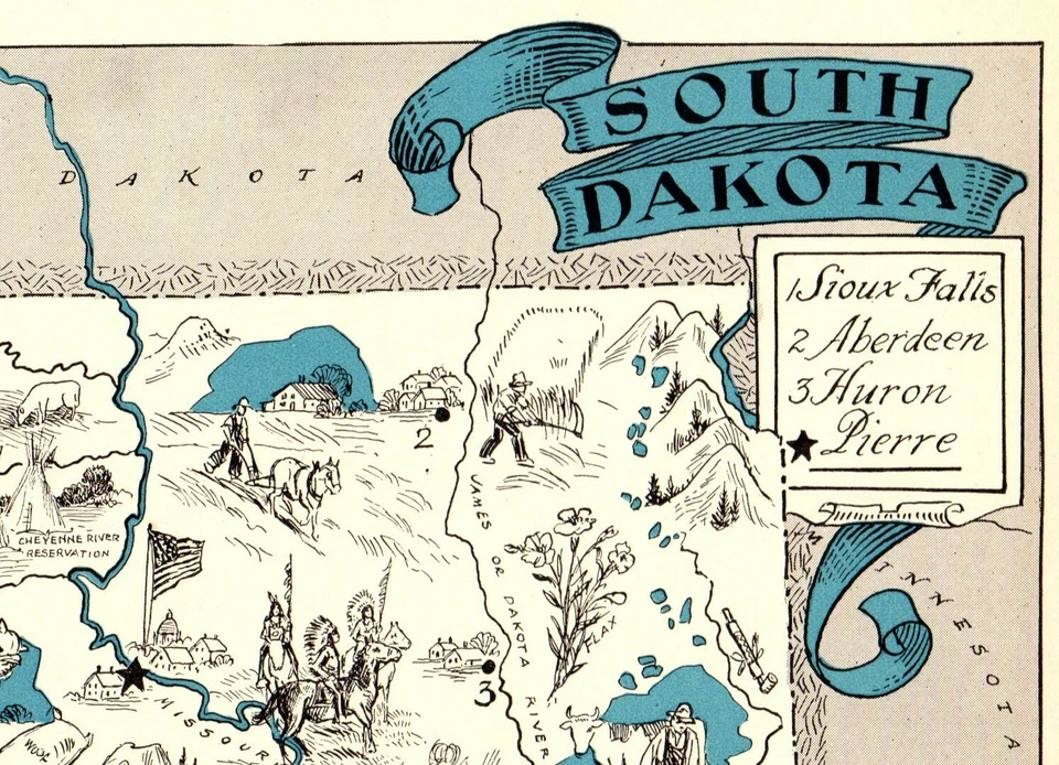 Mapa de imagen animado antiguo de Dakota del Sur de la década de 1930 de Dakota del Sur BLU 9570 Foto 3 de 4