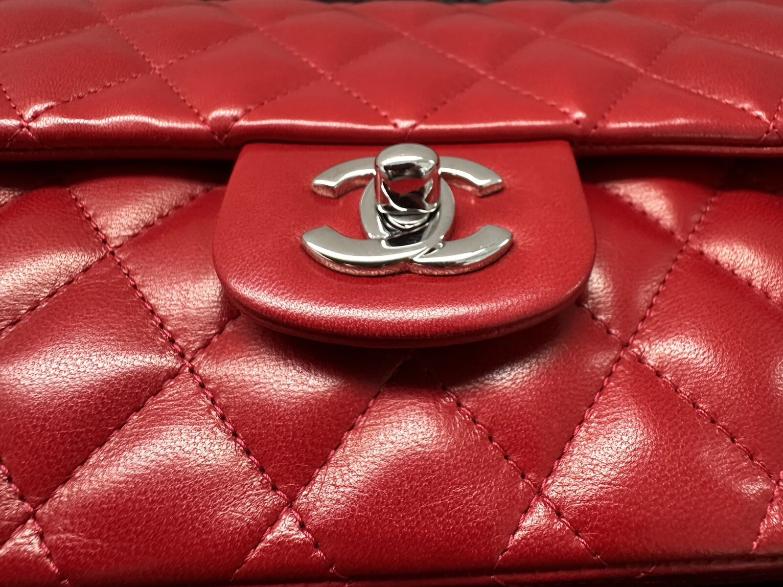 Authentic CHANEL Red Lambskin Leather Classic East West Flap Bag image 6