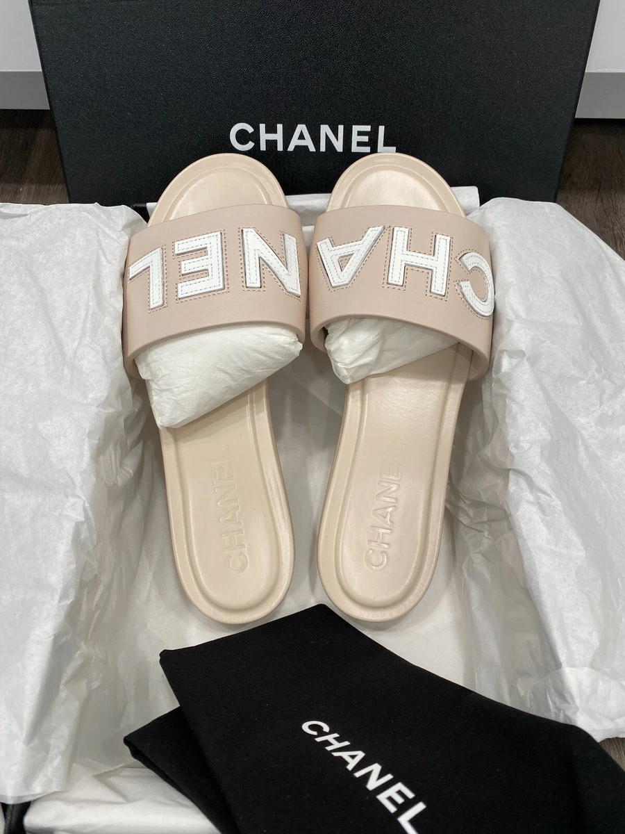 CHANEL CHA NEL LOGO PINK LEATHER FLAT SHOES SLIDES MULES – Miami Lux  Boutique