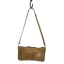 70's Shoulder Bag Eel Skin Leather Golden Tan Striped Textured Rectangle Zip