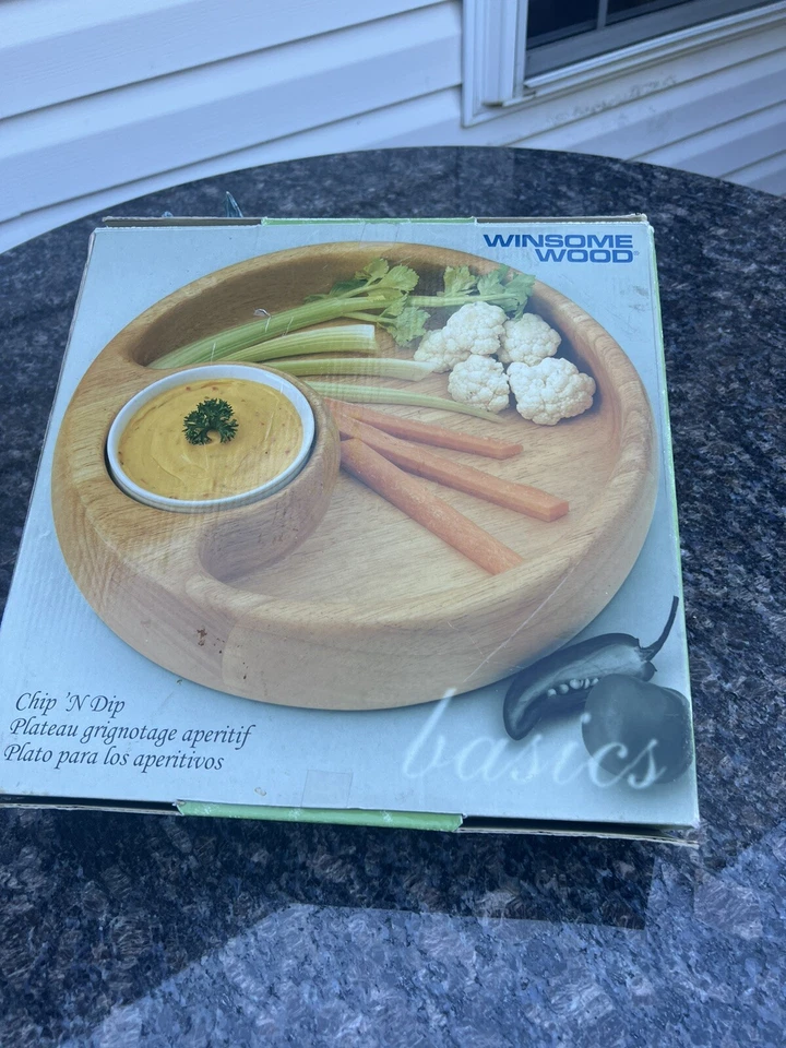 Round Light Oak Serving Tray(11.5"D)/Ceramic Dip Bowl(4"D)/Country/Chips/Veggies - Image 3 of 3