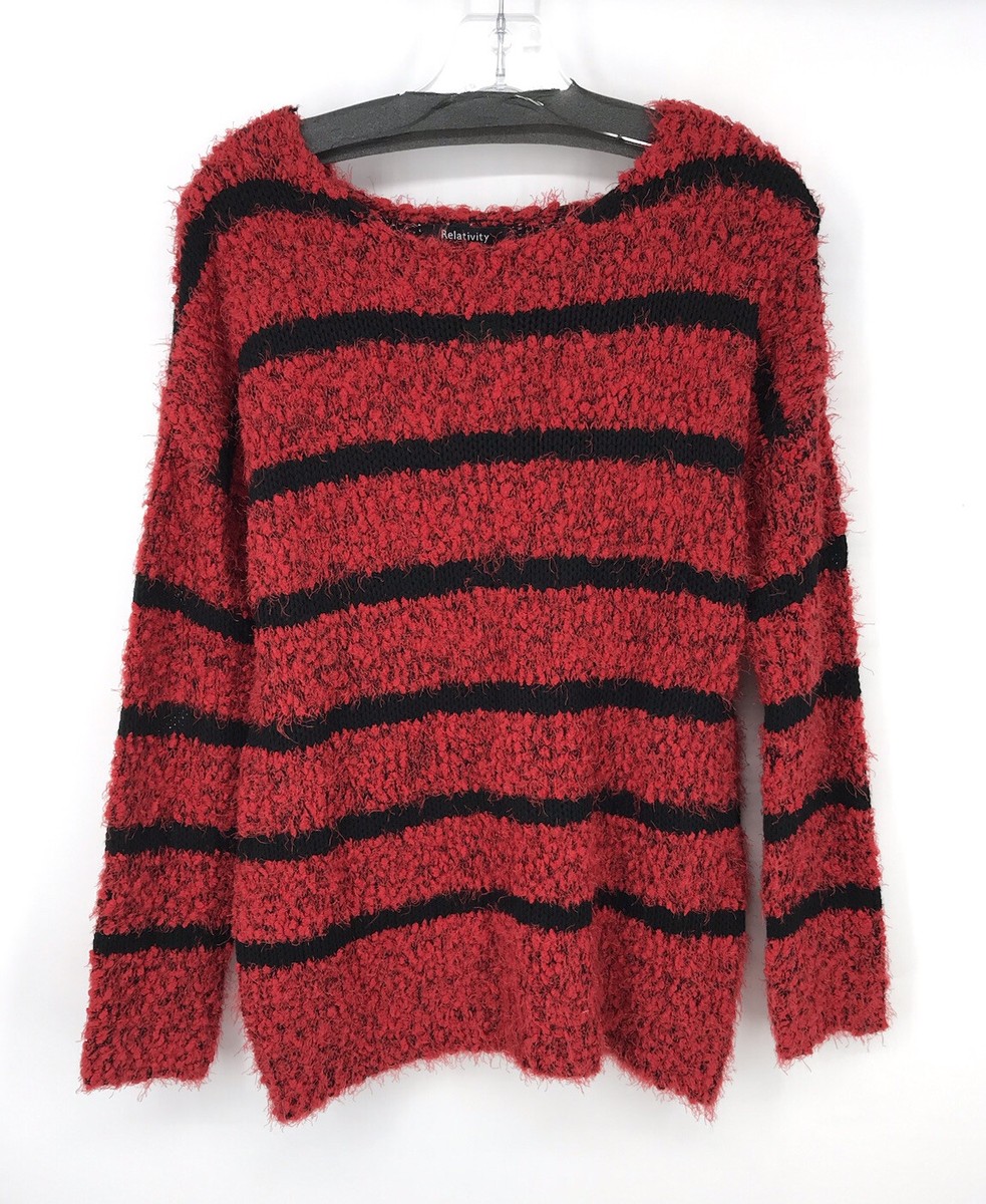 Relativity Women's Red And Black Striped Pullover Sweater Size