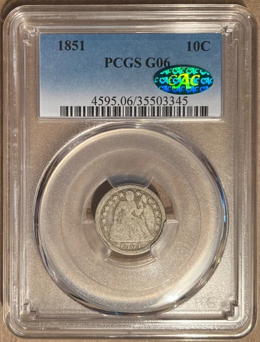 1851 PCGS & CAC G06 Liberty Seated Dime 10c - Original