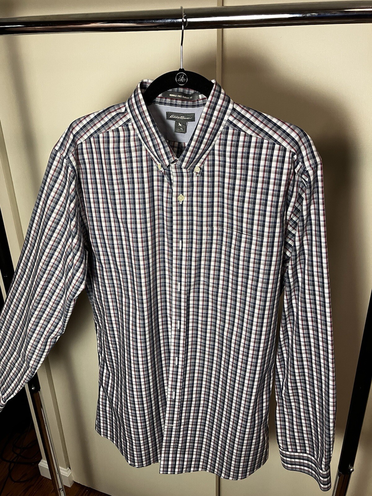 Eddie Bauer flannel shirt in navy and maroon check tall large size