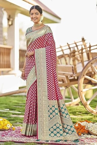 Women's adorable woven pattern Banarasi Silk saree With Unstitched Blouse Piece - Picture 5 of 6