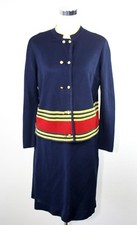 VTG 50s Set Knit Cardigan Jacket  Skirt Navy Blue Yellow  Red Stripes Sz S 05