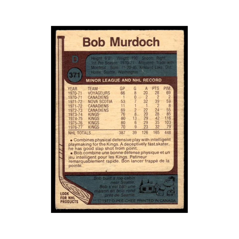 Bob Murdoch 1977 O-Pee-Chee #371 Los Angeles Kings Hockey Card EX - Image 2 of 3