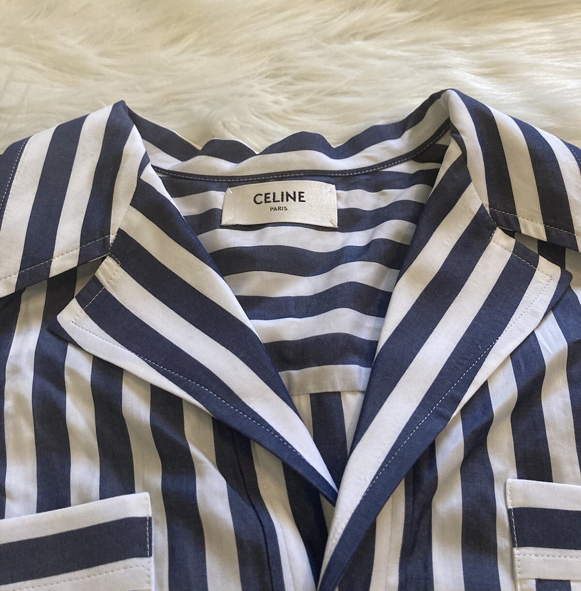 Celine New Button Up Blouse Shirt Striped Blue White Size 36 | eBay
