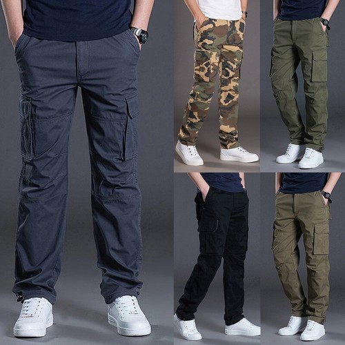 Men Cotton Cargo Trousers Pockets Outdoor Sports Workwear Pants Casual Loose - Picture 14 of 17