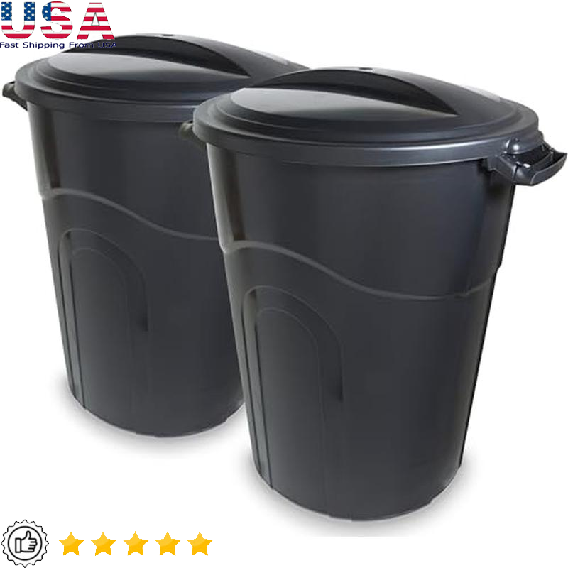 32 Gallon Heavy Duty Trash Can W/Locking Lid Easy Carry Handles Outdoor Use 2Pcs