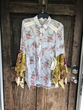 Aratta Silent Journey Floral Blouse w/ velvet Tulip Sleeve Sz S NEW w/tags $159