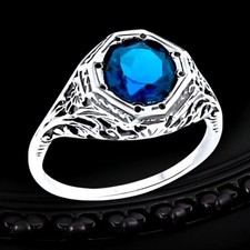 GENUINE 1.5 Ct LONDON BLUE TOPAZ 925 STERLING SILVER DECO ANTIQUE STYLE RING 098