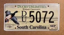 2016 South Carolina license plate DUCKS UNLIMITED wildlife
