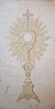 Superbe Dessin XIX Ème Ostensoir Monstrance Religieux Anges Bronze Doré