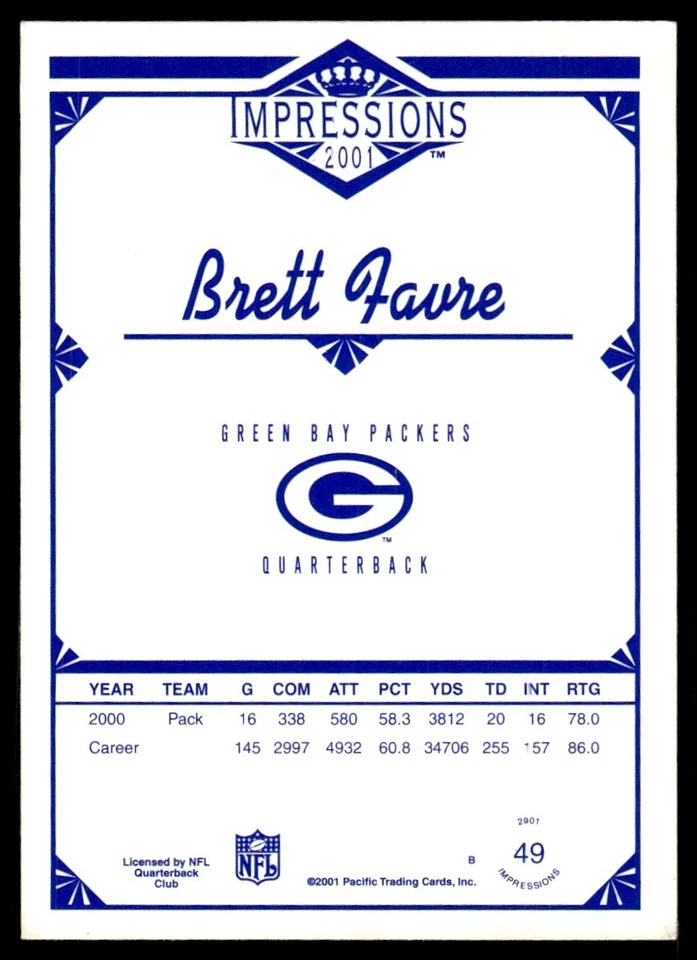 2001 Pacific Canvas Impressions Retail #49 Brett Favre - Green Bay Packers - HOF - Image 2 of 2