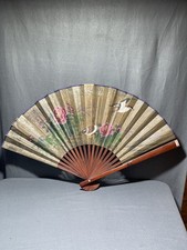 large, hand-painted vintage Chinese wall fan featuring birds and floral designs