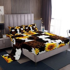 Rustic Cowhide Sheet Set Full,Sunflower Cow Print Bed Sheet for Kids Teens Ad...