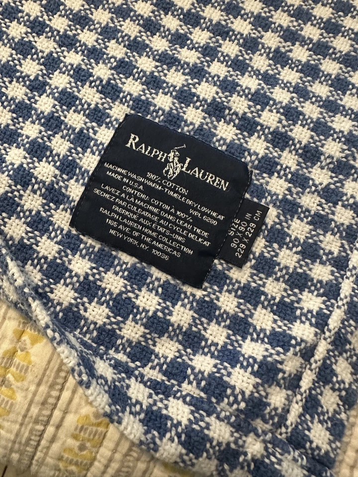 Manta Ralph Lauren Gingham Queen 90 x 90" Tejida Azul Blanco Algodón EE. UU. Foto 4 de 4