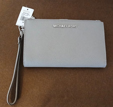 Michael Kors Jet Set Travel Double Zip Leather Phone Wristlet Pearl Grey -NOS