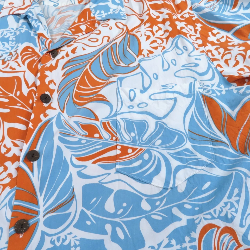 Camisa Hilo Hattie Para Hombres Grande Azul/Naranja Rayón Hawaiano Floral Cuello de Campamento Foto 3 de 4