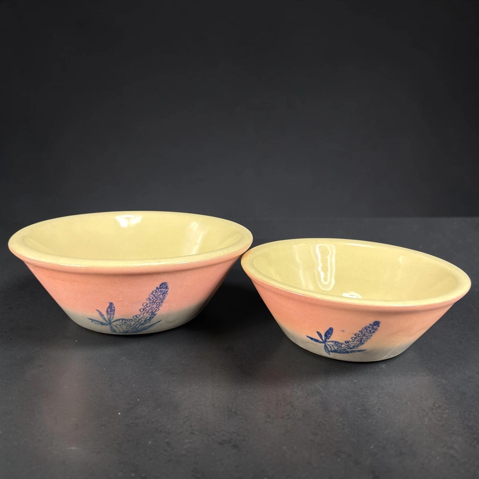 1950s Pink Grey Stoneware Mixing Bowls Blue Floral Lupine Set of 2 Farmhouse