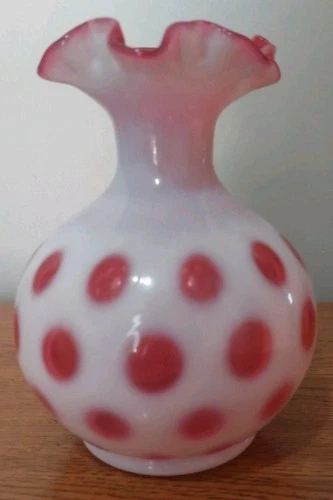 FENTON Cranberry Opalescent Coin Dot Ruffle Top Vase Mint