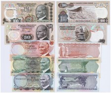 Turkiye Banknote Set, 5 10 20 50 100 Lira 1970's to 80's (AU to UNC) #1274#