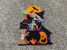 Vintage Halloween Completed Hanging Plastic Canvas- witch, cat,pumpkin-1 piece