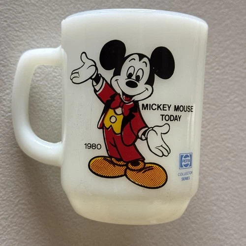 Vintage Mickey Mouse 1980 Coffee Cup Anchor Hocking Milk Glass Pepsi Walt Disney