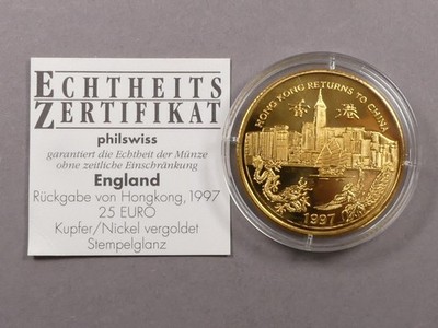 Hongkong 1997 25 Euro Fantasieprägung vergoldet Briefmarke Zertifikat