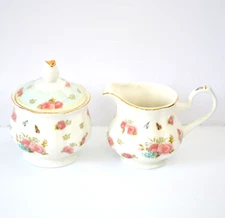 Jusalpha  Creamer and Sugar Bowl Set Pink Rose Floral  Butterflies Gold Trim