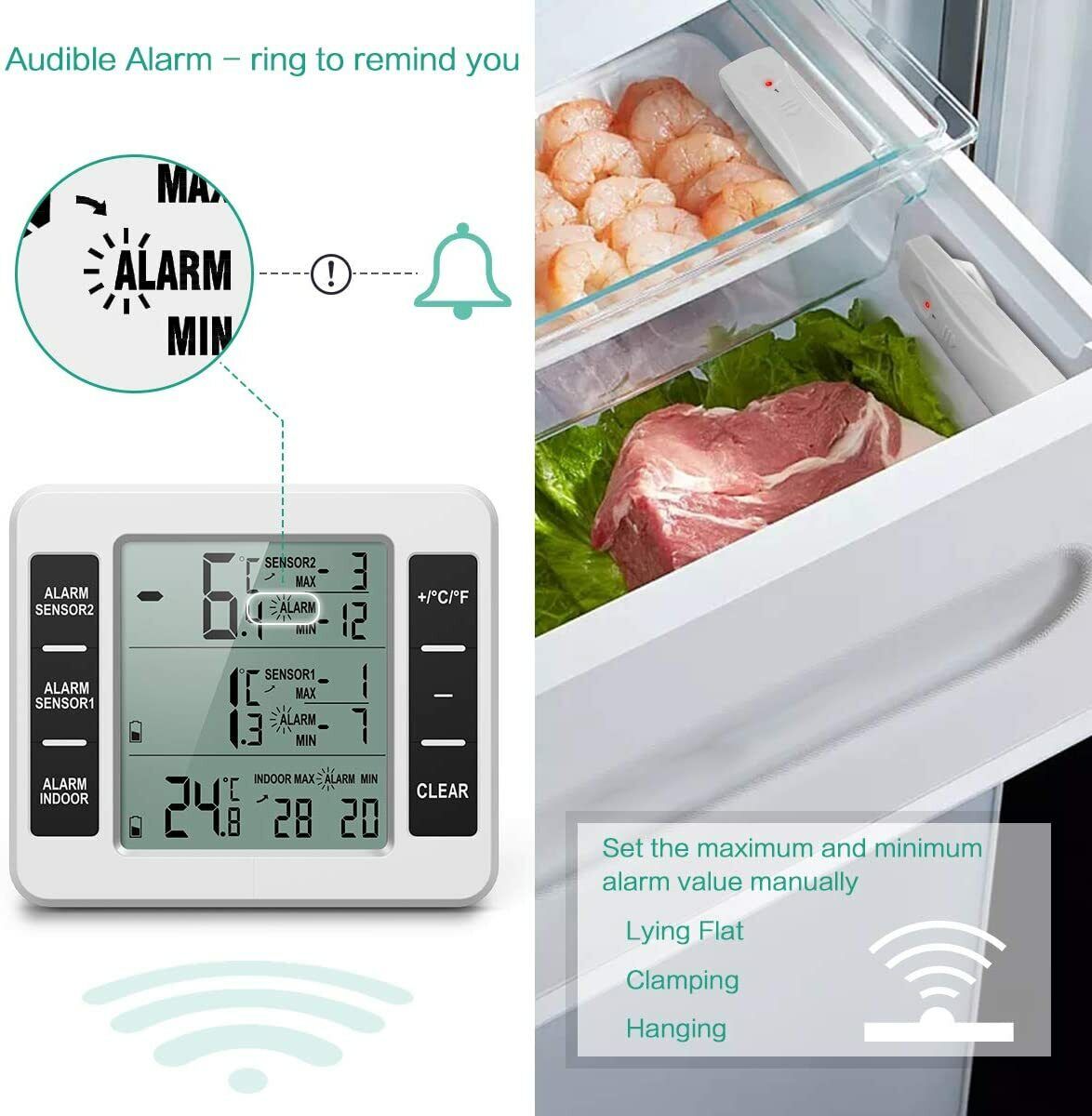 Funk Digital Kühlschrank Thermometer Gefrierschrank Temperatur 2 Sensor Alarm