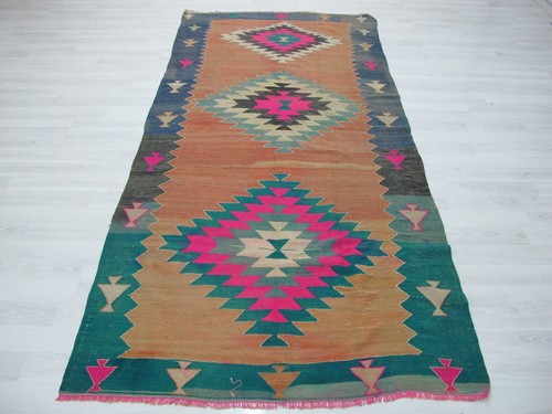 Orange Hand Woven Kilim Turkish Wool Area Rug Oriental Tribal Rug Kitchen Runner