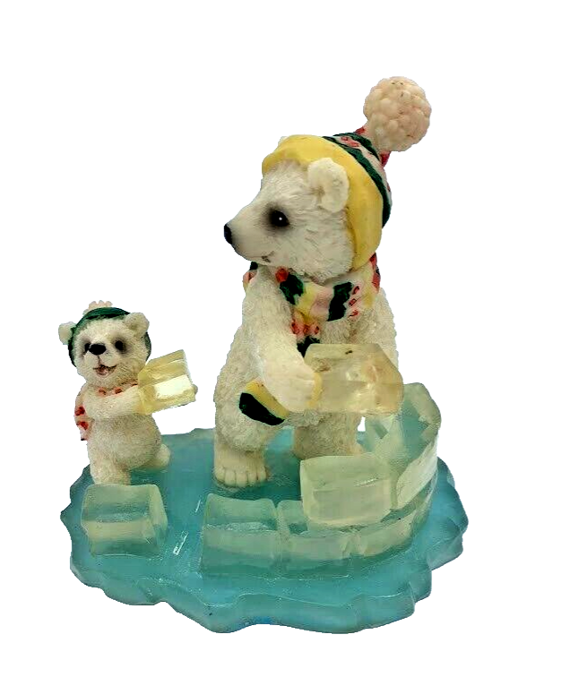 Polar Bear Dad and Cub Building Igloo with Rainbow Hats Christmas Figurine