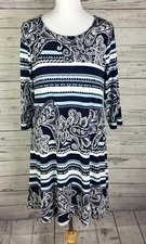 MSK Shift Dress Women’s Size L Blue White Paisley Striped Stretch 3/4 Sleeve