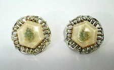 Vtg Clip On Earrings Faux Petit Point Encased Lucite Framed in Silver Tone Metal